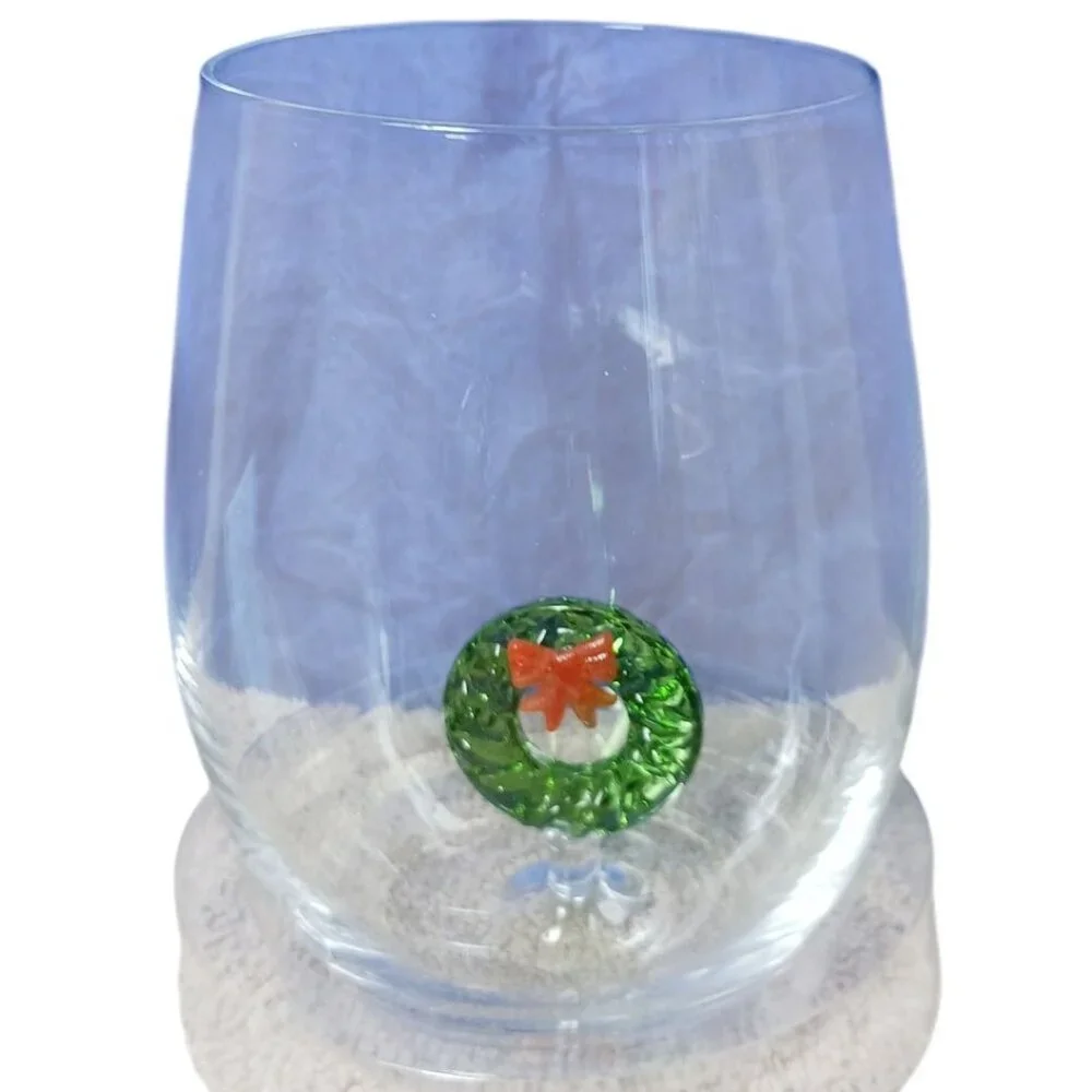 Stemless Wine Glass Christmas With Festive Green Wreath & Red Bow Design In Gift